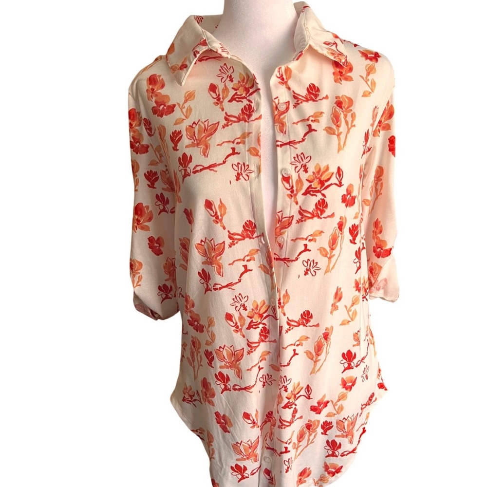 LuLaRoe Amy Floral Button Down Shirt Womens XS Orange Red Roll Tab Sleeve Top - Picture 2 of 6